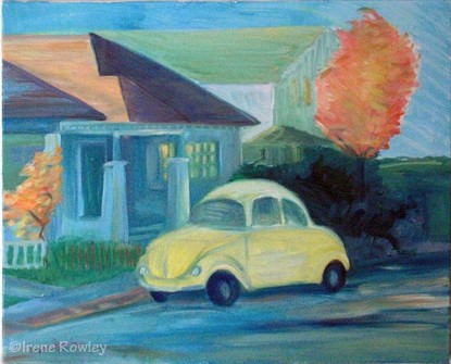 oil painting of bungalow and yellow bug